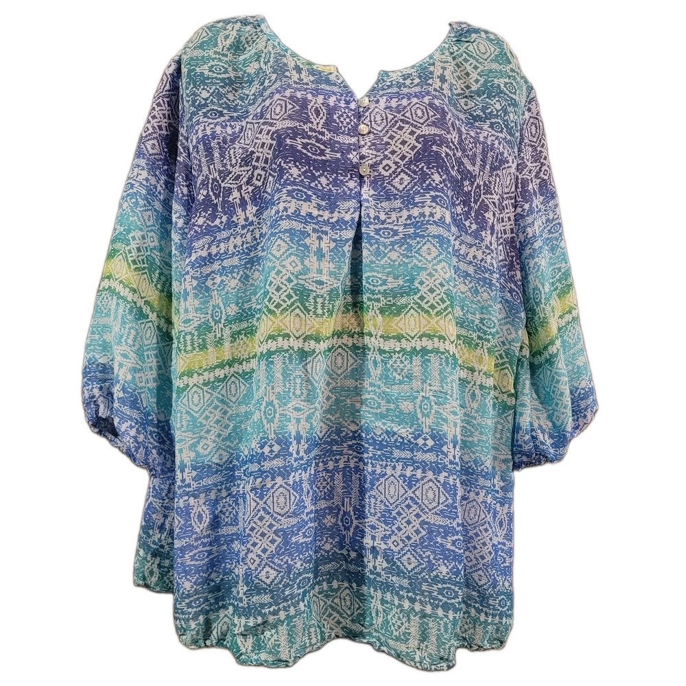 Catherines Lightweight Aztec Blouse Size 1X Blue Gradient Balloon Slv Buttons